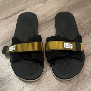 Suicoke Black and Gold Slide Sandals